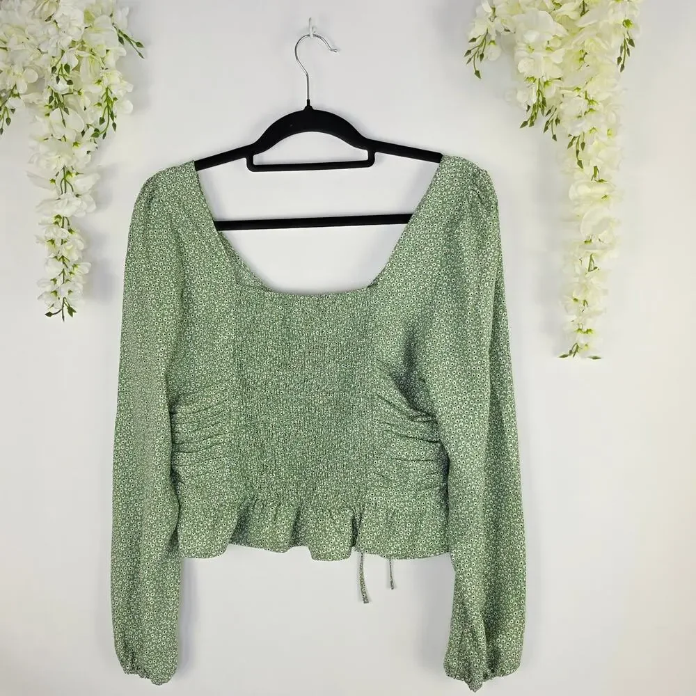 H&M Crop Top Medium Green Floral Ruched Tie Fairy Smocked Cottagecore Boho